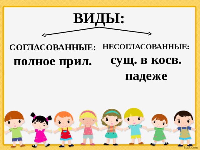 ВИДЫ: СОГЛАСОВАННЫЕ: НЕСОГЛАСОВАННЫЕ: полное прил. сущ. в косв. падеже 