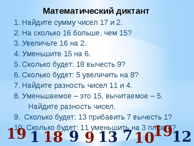 Найди сумму чисел 4 5. Математический диктант 2 класс. Математический диктант суммы и разности. Математический диктант на разность чисел. Математический диктант на числа.