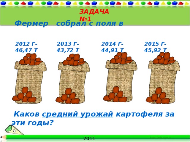 ЗАДАЧА №1 Фермер собрал с поля в 2012 Г- 46,47 Т 2013 Г- 43,72 Т 2014 Г- 44,91 Т 2015 Г- 45,92 Т 4  Каков средний урожай картофеля за эти годы? 2011 3 