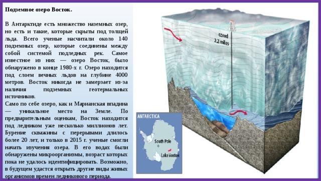Подземное озеро Восток.  В Антарктиде есть множество наземных озер, но есть и такие, которые скрыты под толщей льда. Всего ученые насчитали около 140 подземных озер, которые соединены между собой системой подледных рек. Самое известное из них — озеро Восток, было обнаружено в конце 1980-х г. Озеро находится под слоем вечных льдов на глубине 4000 метров. Восток никогда не замерзает из-за наличия подземных геотермальных источников.  Само по себе озеро, как и Марианская впадина — уникальное место на Земле. По предварительным оценкам, Восток находится под ледником уже несколько миллионов лет. Бурение скважины с перерывами длилось более 20 лет, и только в 2015 г. ученые смогли начать изучения озера. В его водах были обнаружены микроорганизмы, возраст которых пока не удалось идентифицировать. Возможно, в будущем удастся открыть другие виды живых организмов времен ледникового периода. 