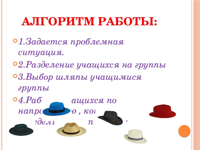 Алгоритм работы: 1.Задается проблемная ситуация. 2.Разделение учащихся на группы 3.Выбор шляпы учащимися группы 4.Работа учащихся по направлению , которое определяет цвет шляпы 