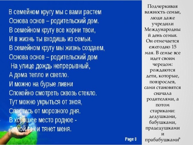 Подчеркивая важность семьи, люди даже учредили Международный день семьи. Он отмечается ежегодно 15 мая. В семье все идет своим чередом: рождаются дети, которые, повзрослев, сами становятся сначала родителями, а потом стариками: дедушками, бабушками, прадедушками и прабабушками . 