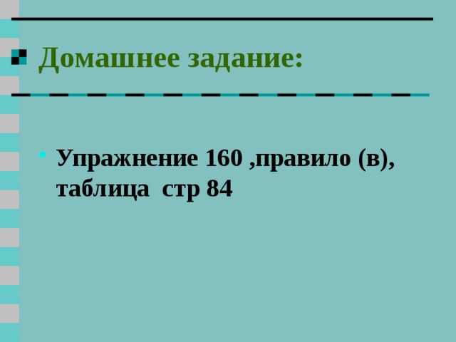 Домашнее задание:  Упражнение 160 ,правило (в), таблица стр 84  