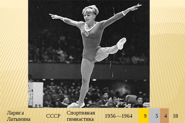 Лариса Латынина СССР Спортивная гимнастика 1956—1964 9 5 4 18 