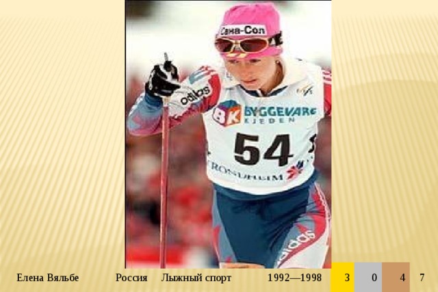 Елена Вяльбе Россия Лыжный спорт 1992—1998 3 0 4 7 