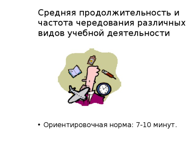 Средняя продолжительность и частота чередования различных видов учебной деятельности Ориентировочная норма: 7-10 минут. 