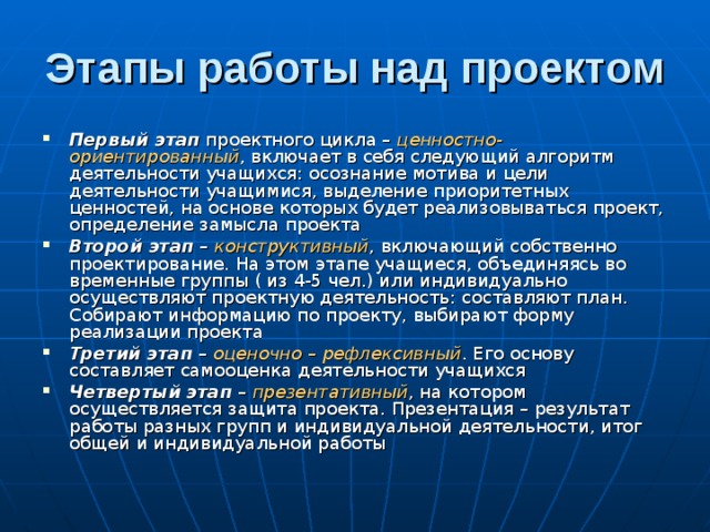 Этапы работы над проектом  Первый этап проектного цикла – ценностно-ориентированный , включает в себя следующий алгоритм деятельности учащихся: осознание мотива и цели деятельности учащимися, выделение приоритетных ценностей, на основе которых будет реализовываться проект, определение замысла проекта Второй этап – конструктивный , включающий собственно проектирование. На этом этапе учащиеся, объединяясь во временные группы ( из 4-5 чел.) или индивидуально осуществляют проектную деятельность: составляют план. Собирают информацию по проекту, выбирают форму реализации проекта Третий этап – оценочно – рефлексивный . Его основу составляет самооценка деятельности учащихся Четвертый этап – презентативный , на котором осуществляется защита проекта. Презентация – результат работы разных групп и индивидуальной деятельности, итог общей и индивидуальной работы 