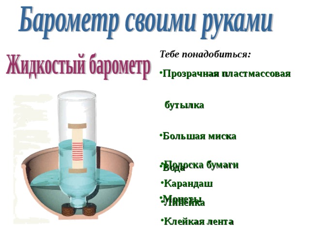 Тебе понадобиться: Прозрачная пластмассовая  бутылка Большая миска Вода Монеты Полоска бумаги Карандаш Линейка Клейкая лента 