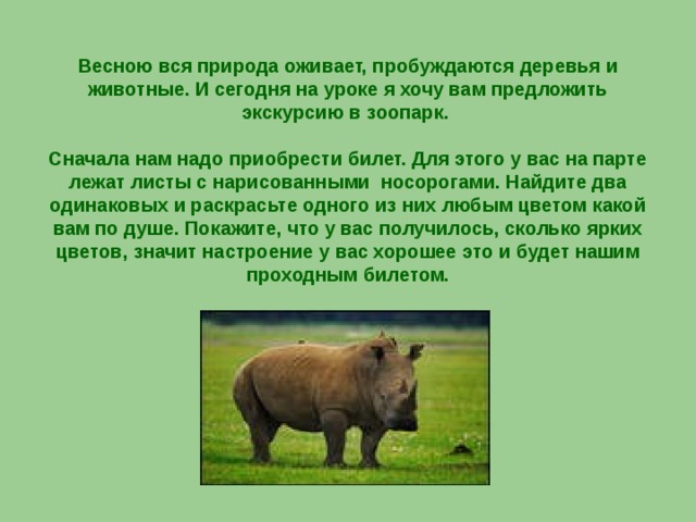 Весною вся природа оживает, пробуждаются деревья и животные. И сегодня на уроке я хочу вам предложить экскурсию в зоопарк.   Сначала нам надо приобрести билет. Для этого у вас на парте лежат листы с нарисованными носорогами. Найдите два одинаковых и раскрасьте одного из них любым цветом какой вам по душе. Покажите, что у вас получилось, сколько ярких цветов, значит настроение у вас хорошее это и будет нашим проходным билетом.