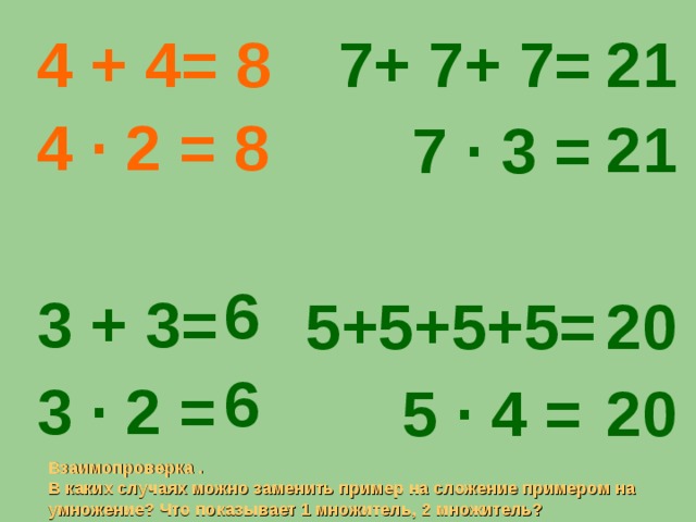 7+ 7+ 7=  7 · 3 =  5+5+5+5=  5 · 4 = 4 + 4= 8 21 4 · 2 = 8  21  3 + 3= 3 · 2 = 20 20  6  6 Взаимопроверка . В каких случаях можно заменить пример на сложение примером на умножение? Что показывает 1 множитель, 2 множитель?
