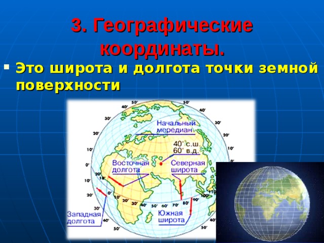3. Географические координаты. Это широта и долгота точки земной поверхности 