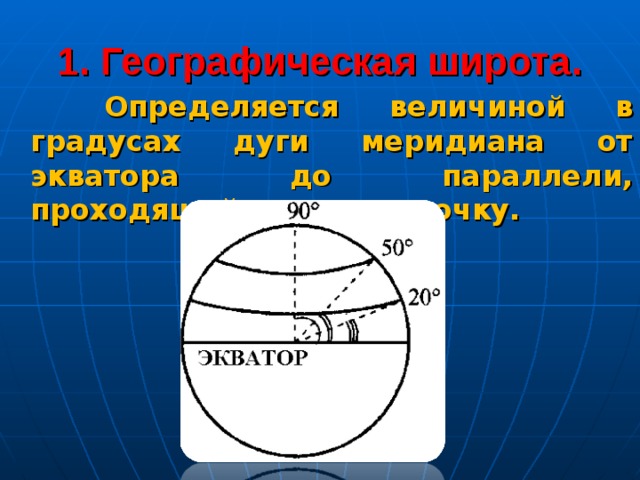 1. Географическая широта.  Определяется величиной в градусах дуги меридиана от экватора до параллели, проходящей через эту точку. 