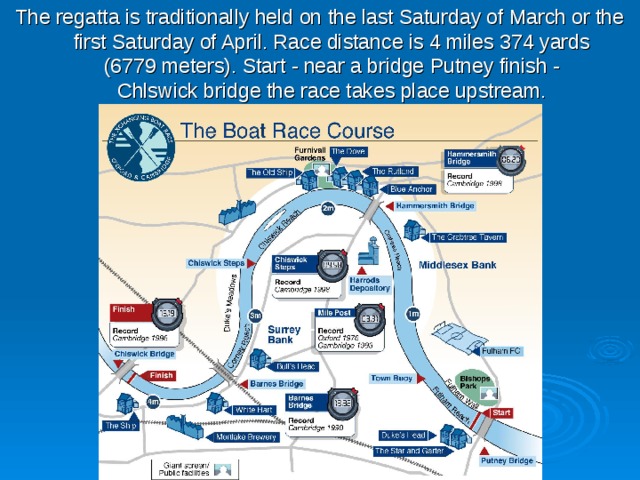 The regatta is traditionally held on the last Saturday of March or the first Saturday of April. Race distance is 4 miles 374 yards (6779 meters). Start - near a bridge Putney finish - Chlswick  bridge the race takes place upstream. 