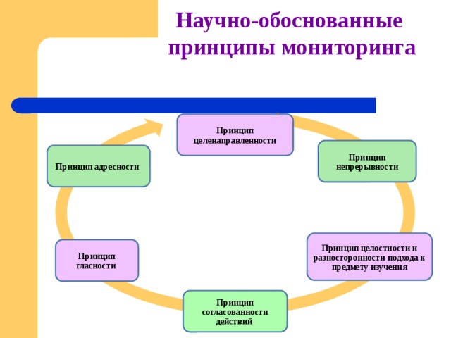 Научно-обоснованные  принципы мониторинга Принцип целенаправленности Принцип непрерывности Принцип адресности  Принцип целостности и разносторонности подхода к предмету изучения Принцип гласности  Принцип согласованности действий  