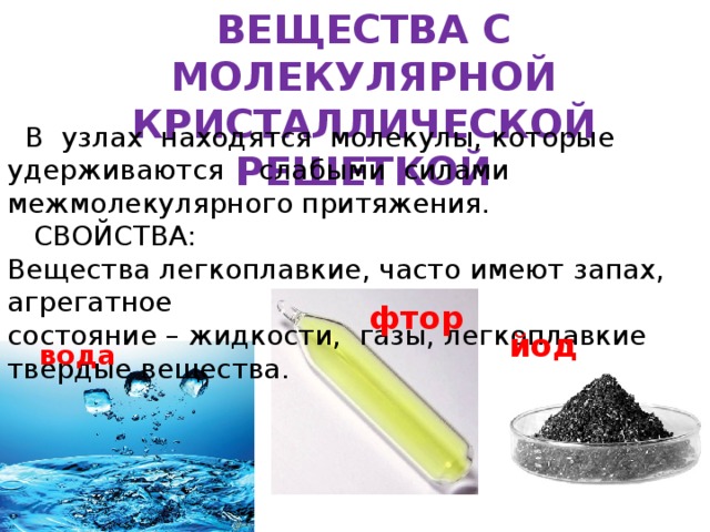 ВЕЩЕСТВА С МОЛЕКУЛЯРНОЙ КРИСТАЛЛИЧЕСКОЙ РЕШЕТКОЙ  В узлах находятся молекулы, которые удерживаются слабыми силами межмолекулярного притяжения.  СВОЙСТВА: Вещества легкоплавкие, часто имеют запах, агрегатное состояние – жидкости, газы, легкоплавкие твердые вещества. фтор йод вода 