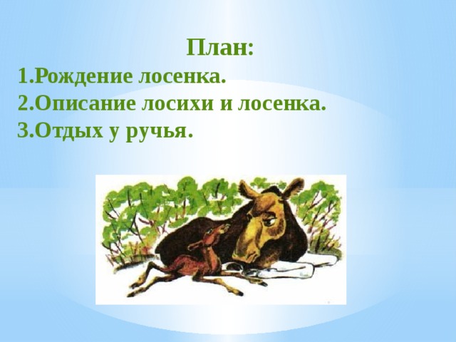 План: 1.Рождение лосенка. 2.Описание лосихи и лосенка. 3.Отдых у ручья. 