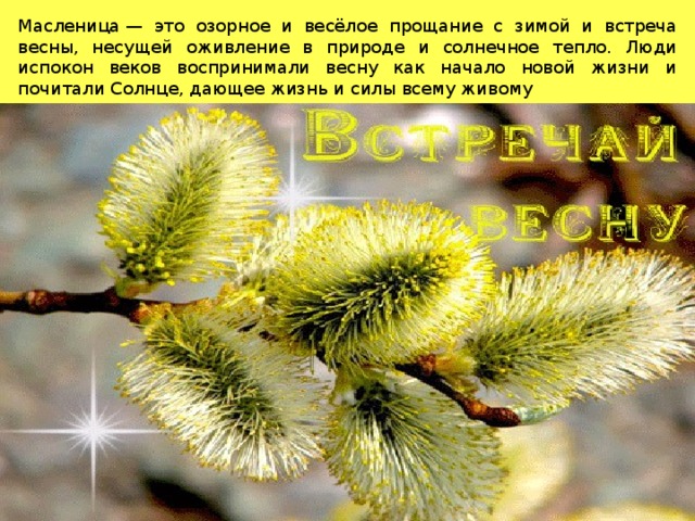 Масленица — это озорное и весёлое прощание с зимой и встреча весны, несущей оживление в природе и солнечное тепло. Люди испокон веков воспринимали весну как начало новой жизни и почитали Солнце, дающее жизнь и силы всему живому 