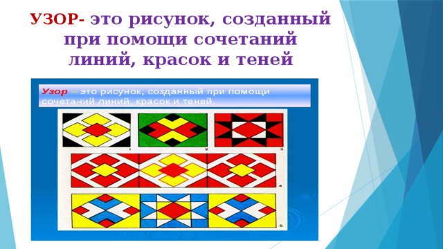 УЗОР- это рисунок, созданный при помощи сочетаний линий, красок и теней 