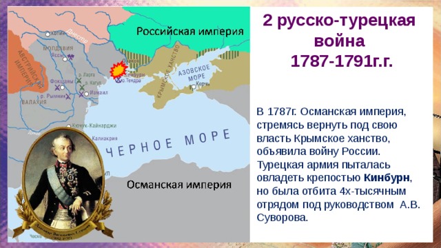 2 русско-турецкая война 1787-1791г.г. В 1787г. Османская империя, стремясь вернуть под свою власть Крымское ханство, объявила войну России. Турецкая армия пыталась овладеть крепостью Кинбурн , но была отбита 4x-тысячным отрядом под руководством А.В. Суворова. 