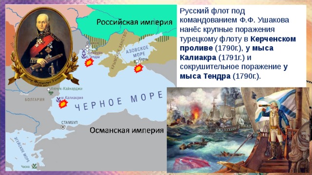 Русский флот под командованием Ф.Ф. Ушакова нанёс крупные поражения турецкому флоту в Керченском проливе (1790г.), у мыса Калиакра (1791г.) и сокрушительное поражение у мыса Тендра (1790г.). 