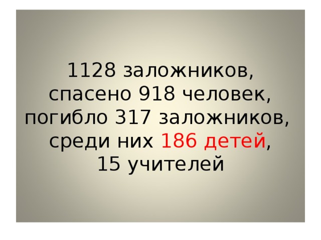 1128 заложников,  спасено 918 человек,  погибло 317 заложников,  среди них 186 детей ,  15 учителей 