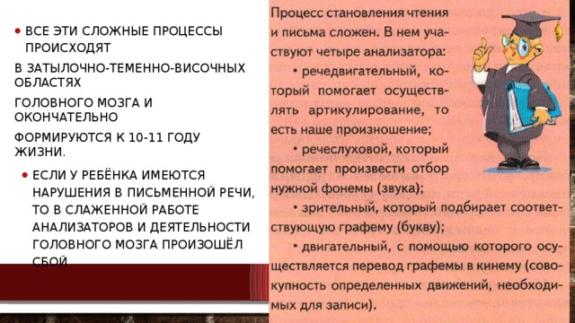 Все эти сложные процессы происходят в затылочно-теменно-височных областях головного мозга и окончательно формируются к 10-11 году жизни. Если у ребёнка имеются нарушения в письменной речи, то в слаженной работе анализаторов и деятельности головного мозга произошёл сбой 