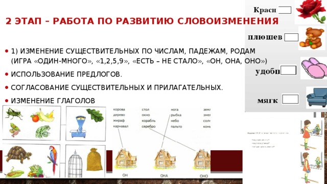 2 этап – Работа по развитию словоизменения   1) Изменение существительных по числам, падежам, родам (игра «Один-много», «1,2,5,9», «Есть – не стало», «Он, она, оно») Использование предлогов. Согласование существительных и прилагательных. Изменение глаголов 