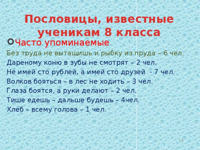 Пословицы, известные ученикам 8 класса   Часто упоминаемые Без труда не вытащишь и рыбку из пруда – 6 чел. Дареному коню в зубы не смотрят – 2 чел. Не имей сто рублей, а имей сто друзей - 7 чел. Волков бояться – в лес не ходить – 3 чел. Глаза боятся, а руки делают – 2 чел. Тише едешь – дальше будешь – 4чел. Хлеб – всему голова – 1 чел.  