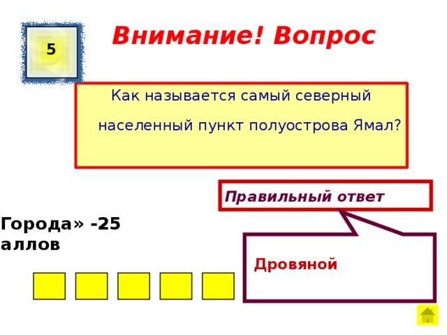 Дровяной Внимание! Вопрос 5 Как называется самый северный населенный пункт полуострова Ямал? Правильный ответ «Города» -25 баллов  