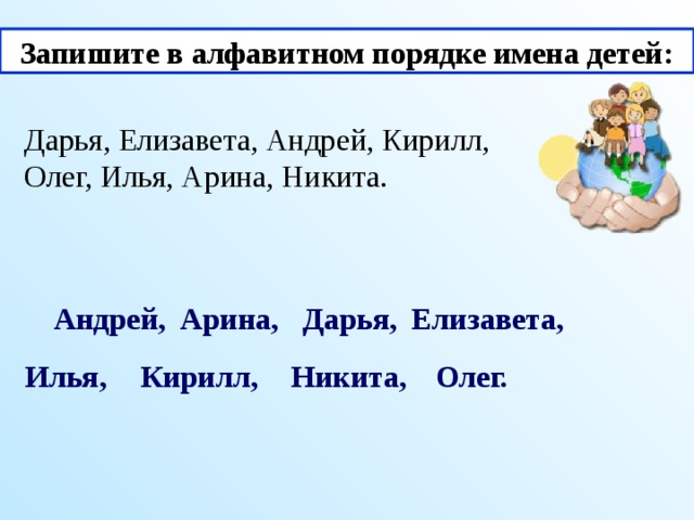 Запишите в алфавитном порядке имена детей: Дарья, Елизавета, Андрей, Кирилл, Олег, Илья, Арина, Никита. Андрей, Арина, Дарья, Елизавета, Илья, Кирилл, Никита, Олег.  