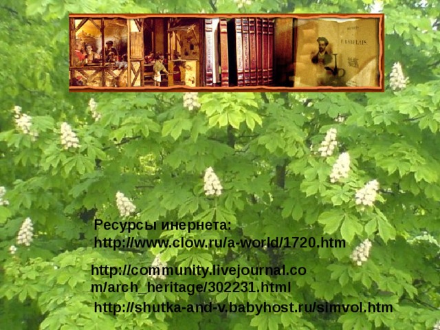 Ресурсы инернета: http://www.clow.ru/a-world/1720.htm http://community.livejournal.com/arch_heritage/302231.html http://shutka-and-v.babyhost.ru/simvol.htm 