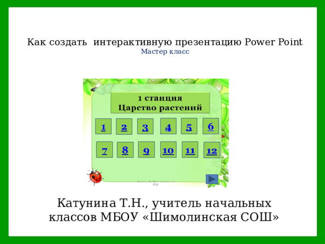  Как создать интерактивную презентацию Power Point  Мастер класс   Катунина Т.Н., учитель начальных классов МБОУ «Шимолинская СОШ» 