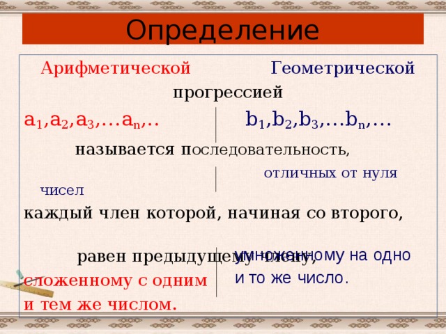 Определение Арифметической  Геометрической прогрессией а 1 ,а 2 ,а 3 ,…а n ,..  b 1 ,b 2 ,b 3 ,…b n ,…  называется п оследовательность,  отличных от нуля чисел каждый член которой, начиная со второго,  равен предыдущему члену, сложенному с одним и тем же числом. умноженному на одно и то же число. 