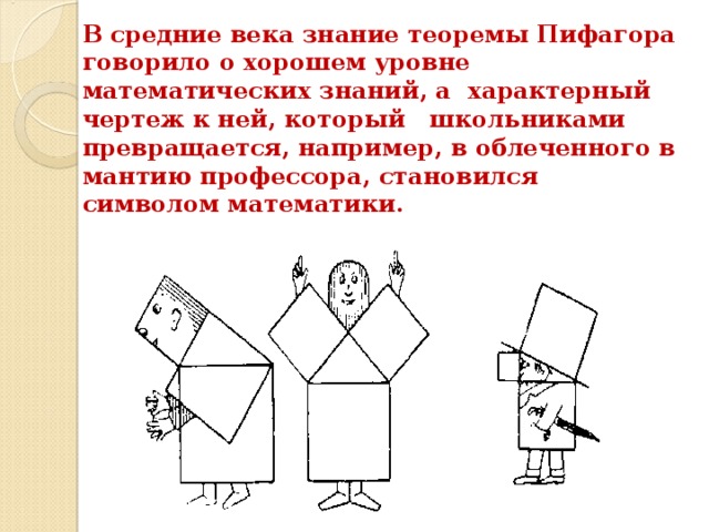 В средние века знание теоремы Пифагора говорило о хорошем уровне математических знаний, а характерный чертеж к ней, который школьниками превращается, например, в облеченного в мантию профессора, становился символом математики. 