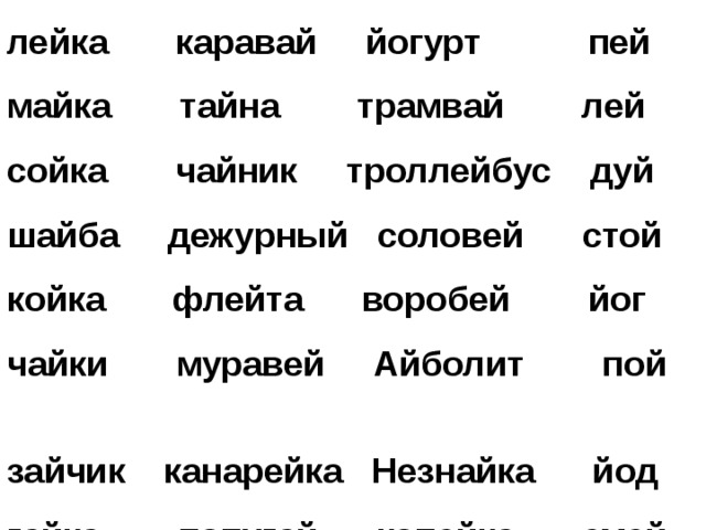 лейка каравай йогурт пей майка тайна трамвай лей сойка чайник троллейбус дуй шайба дежурный соловей стой койка флейта воробей йог чайки муравей Айболит пой зайчик канарейка Незнайка йод гайка попугай копейка змей 