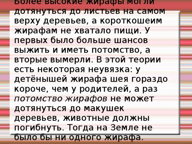 Более высокие жирафы могли дотянуться до листьев на самом верху деревьев, а короткошеим жирафам не хватало пищи. У первых было больше шансов выжить и иметь потомство, а вторые вымерли. В этой теории есть некоторая неувязка: у детёнышей жирафа шея гораздо короче, чем у родителей, а раз потомство жирафов не может дотянуться до макушек деревьев, животные должны погибнуть. Тогда на Земле не было бы ни одного жирафа. 