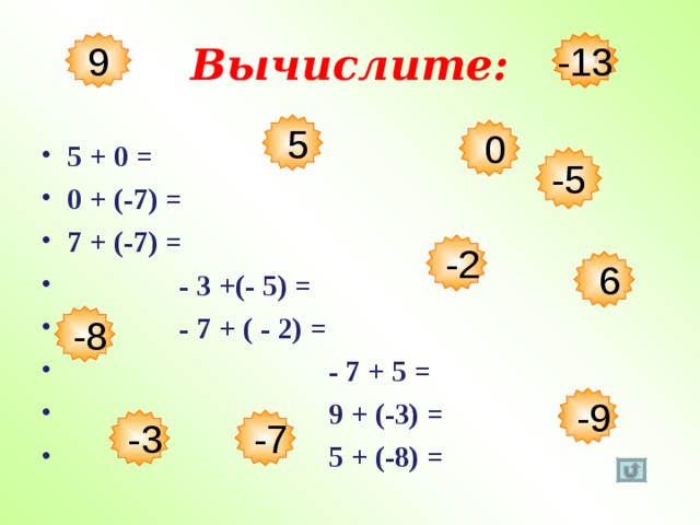 Вычислите: -15 -13 9  5  0 5 + 0 = 0 + (-7) =  7 + (-7) =  - 3 +(- 5) =  - 7 + ( - 2) =  - 7 + 5 =  9 + (-3) =  5 + (-8) =  -5  -2  6  -8  -9  -7  -3 