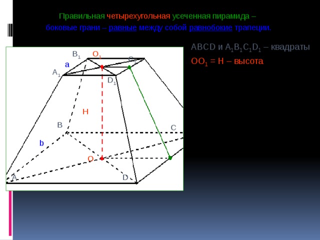 Правильная четырехугольная усеченная пирамида – боковые грани – равные между собой равнобокие трапеции. ABCD и A 1 B 1 C 1 D 1 – квадраты OO 1 = H – высота O 1 B 1 C 1 a A 1 D 1 H B C b O D A 