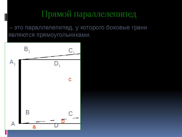 Прямой параллелепипед  –  это параллелепипед, у которого боковые грани являются прямоугольниками. B 1 С 1 A 1 D 1 c В С b А D a 