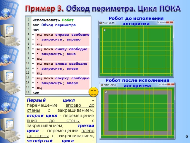 Робот до исполнения алгоритма Робот после исполнения алгоритма Первый цикл – перемещение вправо до стены с закрашиванием, второй цикл – перемещение вниз до стены с закрашиванием, третий цикл – перемещение влево до стены с закрашиванием, четвёртый цикл – перемещение вверх до стены с закрашиванием. 5