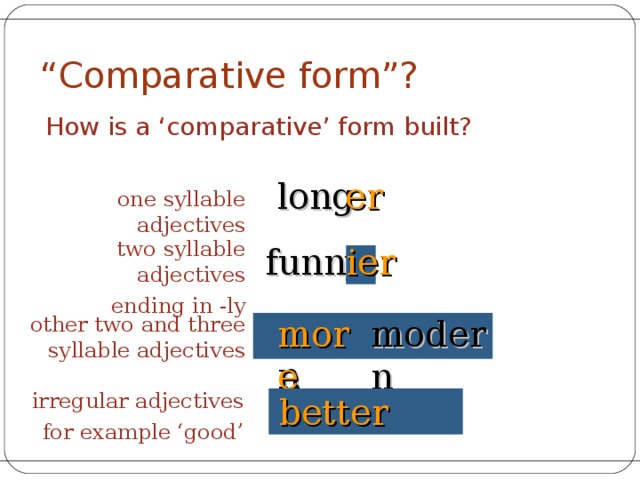 Long comparative form. Comparative and Superlative forms. Double Comparative. Often Comparative form.
