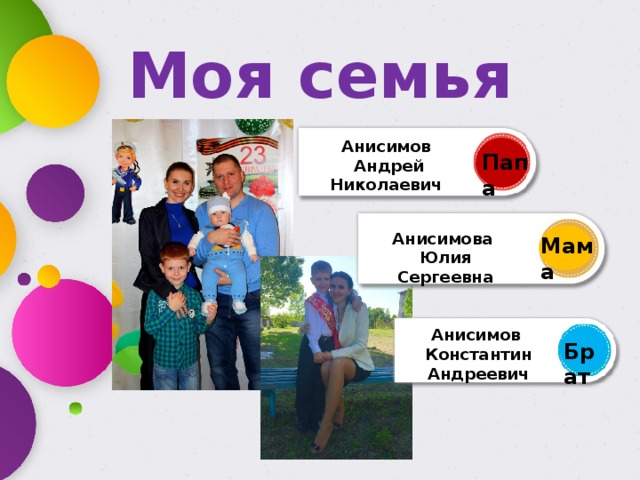 Моя семья Анисимов  Андрей Николаевич Папа Анисимова Юлия Сергеевна Мама Анисимов Константин Андреевич Брат 