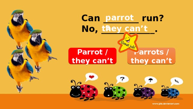 Can ________ run? parrots No, ____________. they can’t Parrots / they can’t Parrot / they can’t 