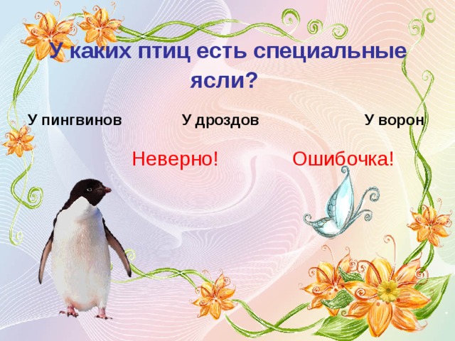 У каких птиц есть специальные ясли?  У пингвинов У дроздов У ворон  Неверно! Ошибочка! 