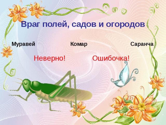 Враг полей, садов и огородов Муравей  Комар  Саранча Неверно! Ошибочка! 