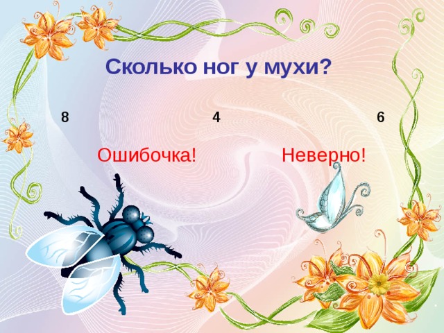Сколько ног у мухи?  8 4 6  Ошибочка! Неверно! 