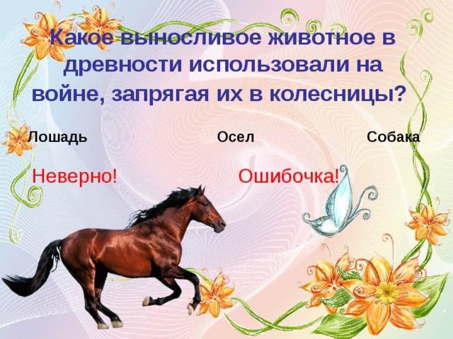 Какое выносливое животное в древности использовали на войне, запрягая их в колесницы?  Лошадь Осел Собака Неверно! Ошибочка! 
