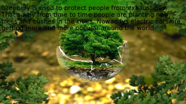 Greenery is used to protect people from exhaust gas. That’s why from time to time people are planting new trees and bushes in the cities. Nowadays electric cars are getting more and more popular around the world. 