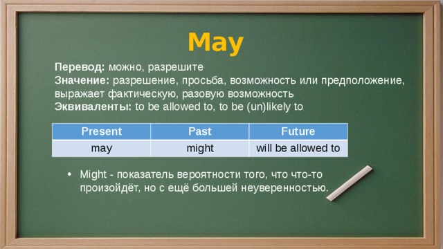 May Перевод: можно, разрешите Значение: разрешение, просьба, возможность или предположение, выражает фактическую, разовую возможность Эквиваленты: to be allowed to, to be (un)likely to Present may Past Future might will be allowed to Might - показатель вероятности того, что что-то произойдёт, но с ещё большей неуверенностью.  