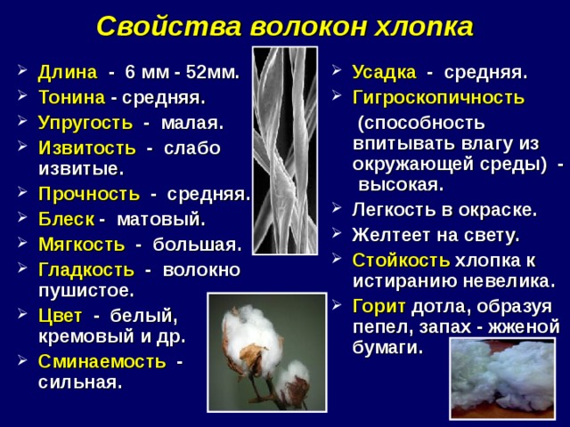 Свойства волокон хлопка Длина - 6 мм - 52мм. Тонина - средняя. Упругость - малая. Извитость - слабо извитые. Прочность - средняя. Блеск - матовый. Мягкость - большая. Гладкость - волокно пушистое. Цвет - белый, кремовый и др. Сминаемость - сильная. Усадка - средняя. Гигроскопичность    (способность впитывать влагу из окружающей среды) - высокая. Легкость в окраске. Желтеет на свету. Стойкость хлопка к истиранию невелика. Горит дотла, образуя пепел, запах - жженой бумаги.        